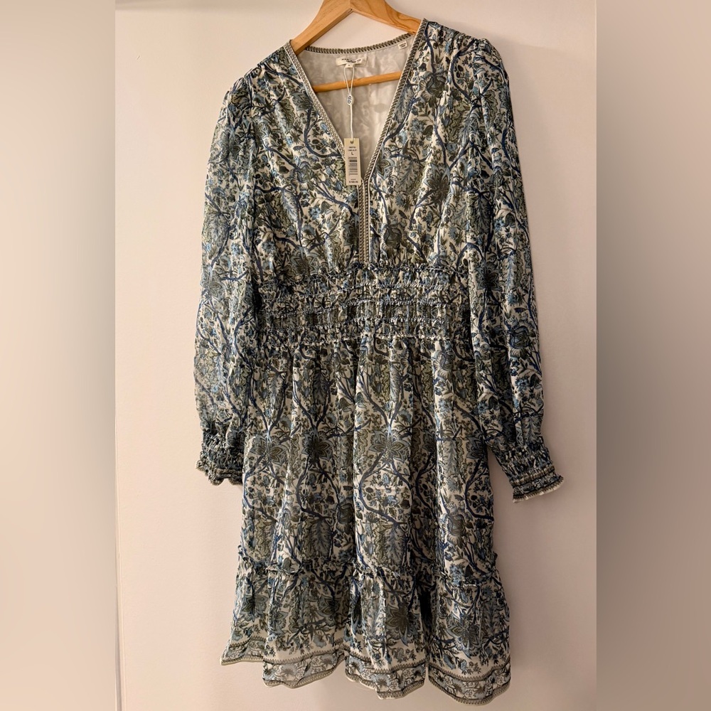 Max Studio Blue and Green Floral Midi Dress with Smocked Waist Size : Large